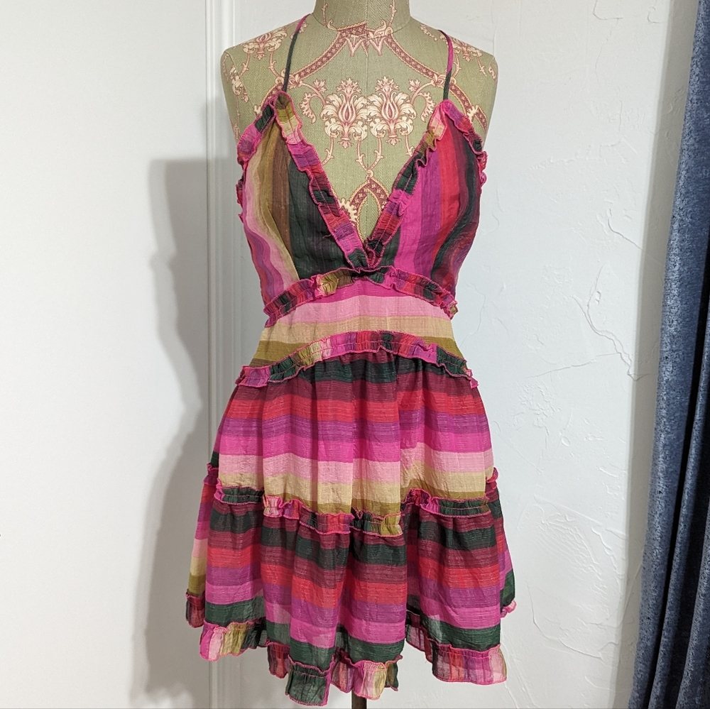 LUXXEL M open back v neck fiesta flare mini dress pink serape halter